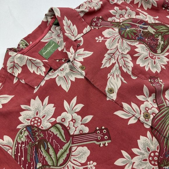 Vintage Tommy Bahama Mens Button Front Shirt L Guitar Floral All Over Print Silk - Picture 1 of 11